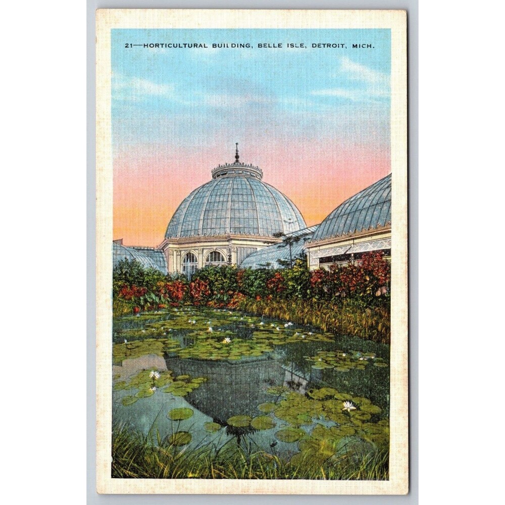 Postcard Michigan Detroit Belle Isle Horticultural Building Linen Lily Pads 1940